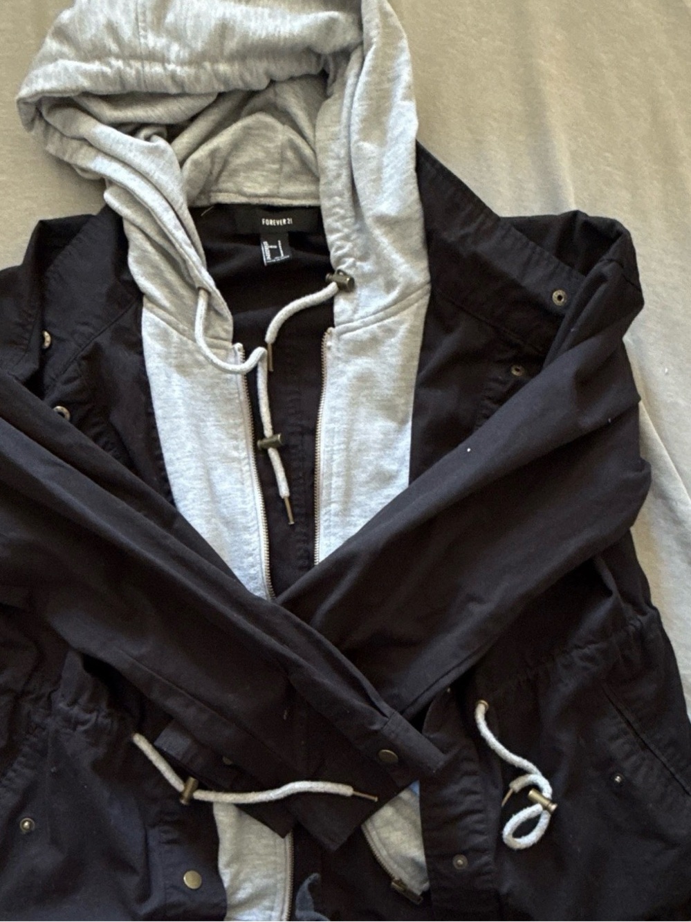Forever 21 Black Utility Jacket with Gray Hoodie Insert